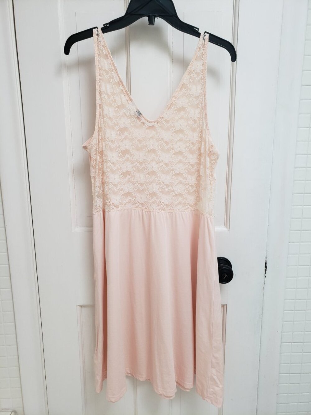 H&M Divided Cami Dress Size L Pink Sheer Lace Back Cotton Knit